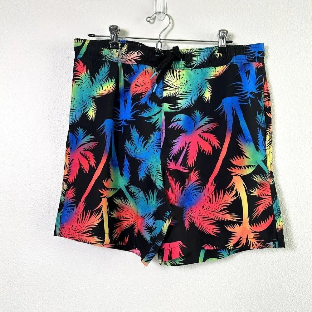 Surf Society Swim Trunks Shorts Mens Size L Black Neon Ombre Palm Floral Pockets
